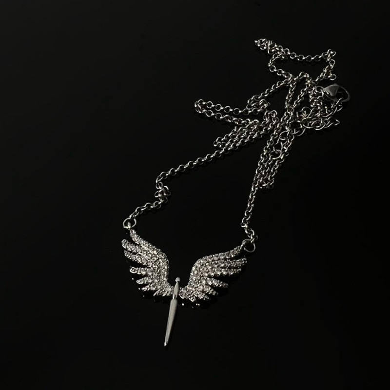 Shiny Full Rhinestone Wings Angel Pendant Necklaces for Women Simplicity Clavicle Chain Jewelry